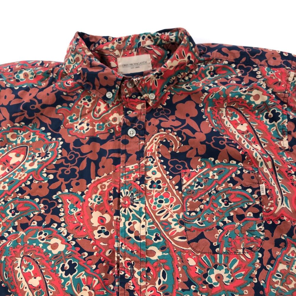 Obey Propaganda Paisley Large Button Short Sleeve Pocket Collared Shirt Red